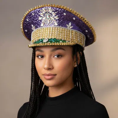 Fashnzfab Mardi Gras Marquise Stone Cluster Embellished Rhinestone Sequin Captain Hat In Purple