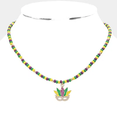 Fashnzfab Mardi Gras Mask Pendant Wood Ball Necklace In Green
