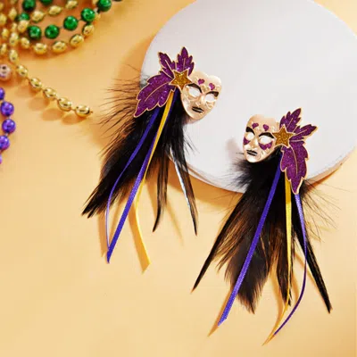 Fashnzfab Mardi Gras Masquerade Mask Feather Earrings - Jet Black