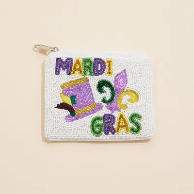 Fashnzfab Mardi Gras Message Fleur De Lis Hat Stone Seed Beaded Mini Pouch Bag In Multi
