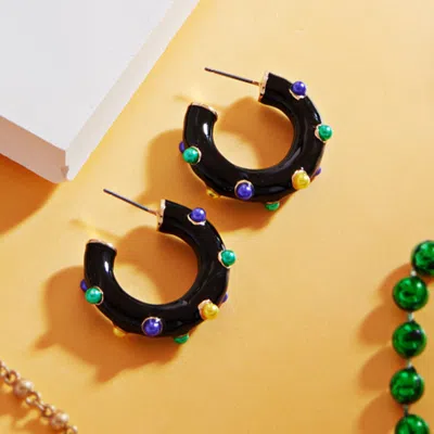 Fashnzfab Mardi Gras Pearl Embellished Hoop Earrings In Black