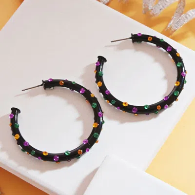 Fashnzfab Mardi Gras Rhinestone Embellished Hoop Earrings In Black