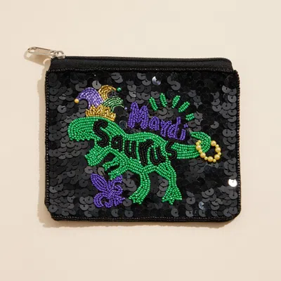Fashnzfab Mardi Gras Saurus Sequin Seed Beaded Mini Pouch Bag In Black