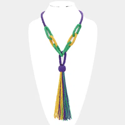 Fashnzfab Mardi Gras Seed Bead Knot Fringe Long Necklace In Multi