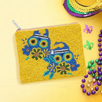 Fashnzfab Mardi Gras Seed Beaded The Day Of Death Skull Mini Pouch Bag In Yellow