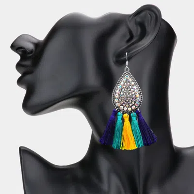 Fashnzfab Mardi Gras Stone Embellished Metal Teardrop Tassel Dangle Earrings In Multi
