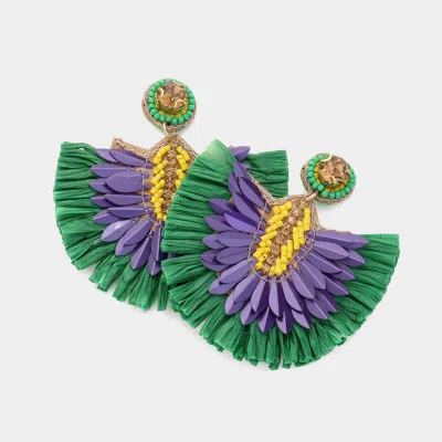 Fashnzfab Mardi Gras Stone Pointed Raffia Fan Dangle Earrings In Green