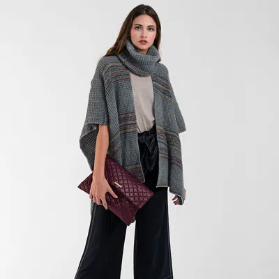 Fashnzfab Marled Striped Ruana Poncho In Gray