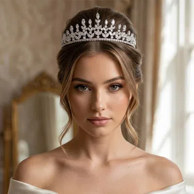 Fashnzfab Marquise Cz Cluster Embellished Crown Tiara In Metallic