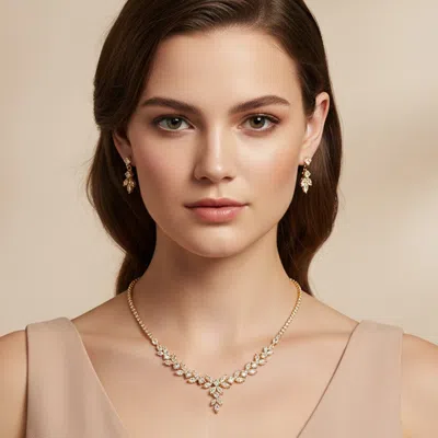 Fashnzfab Marquise Cz Cluster Embellished Rhinestone Necklace In Silver