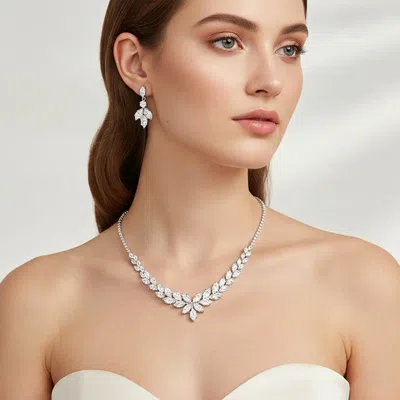 Fashnzfab Marquise Cz Cluster Floral Center Rhinestone Necklace In White