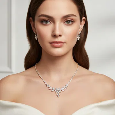 Fashnzfab Marquise Cz Cluster Floral Rhinestone Necklace In Pattern