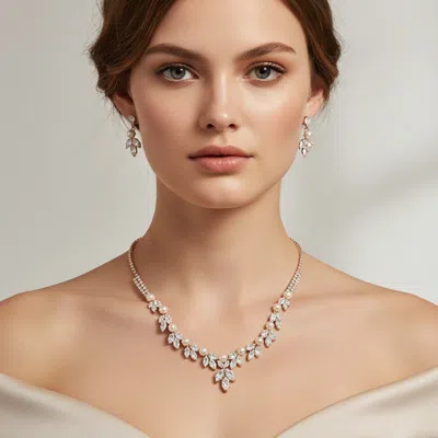 Fashnzfab Marquise Cz Cluster Pearl Embellished Rhinestone Necklace In Gold