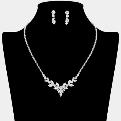 Fashnzfab Marquise Cz Stone Cluster Accent Rhinestone Necklace - Clear, Silver In Metallic