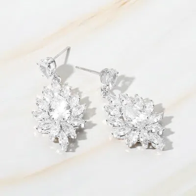 Fashnzfab Marquise Cz Stone Cluster Dangle Evening Earrings - Clear, Silver In Metallic