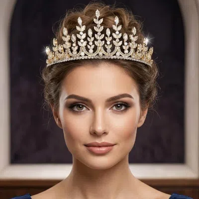 Fashnzfab Marquise Cz Stone Cluster Embellished Queen Tiara In Gold