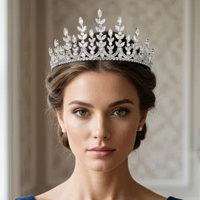 Fashnzfab Marquise Cz Stone Cluster Embellished Queen Tiara In Metallic