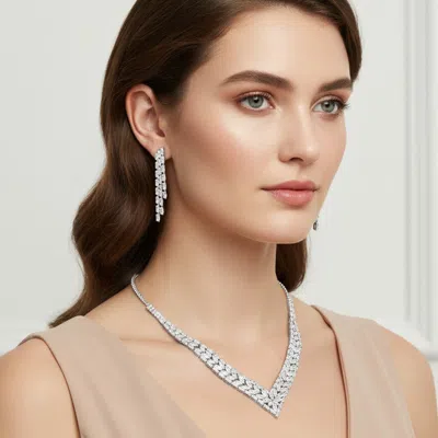 Fashnzfab Marquise Cz Stone Cluster Embellished Rhinestone V Shaped Necklace In Metallic