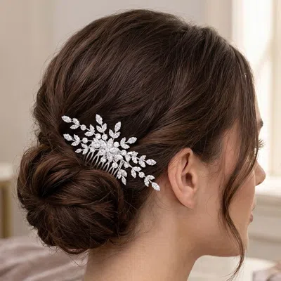 Fashnzfab Marquise Cz Stone Cluster Floral Leaf Vine Hair Comb 3.75" X 1.8" In Metallic
