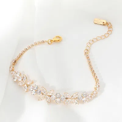 Fashnzfab Marquise Cz Stone Cluster Flower Evening Bracelet Clear, Gold In Silver