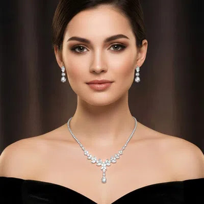 Fashnzfab Marquise Cz Stone Cluster Leaf Design Necklace In Silver
