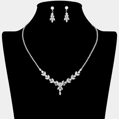 Fashnzfab Marquise Cz Stone Cluster Leaf Design Rhinestone Paved Necklace In Transparent