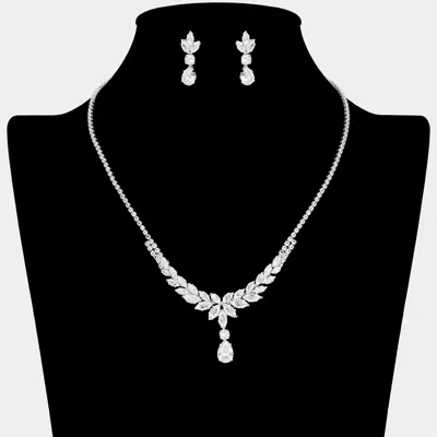 Fashnzfab Marquise Cz Stone Cluster Leaf Motif Necklace In Metallic