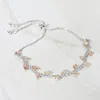Fashnzfab Marquise Cz Stone Cluster Pointed Leaf Vine Adjustable Cinch Pull Tie Bracelet In Silver