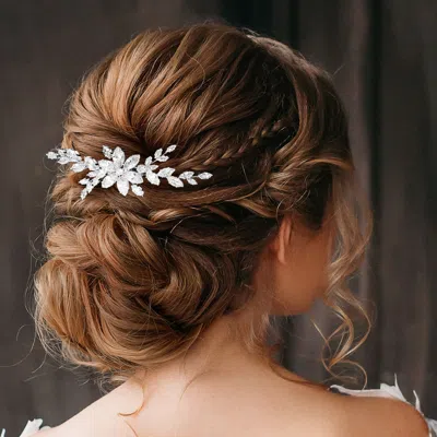 Fashnzfab Marquise Cz Stone Embellished Flower Hair Comb In White