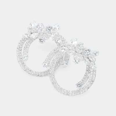 Fashnzfab Marquise Cz Stone Embellished Flower Pointed Evening Earrings In Silver