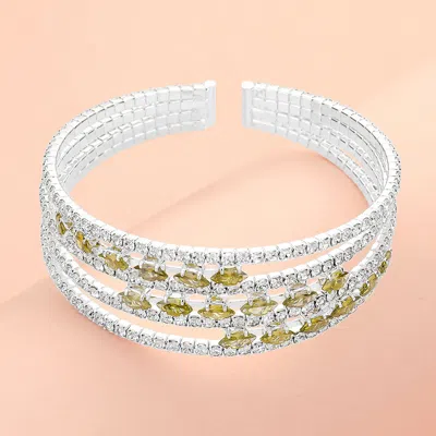 Fashnzfab Marquise Cz Stone Rhinestone Paved Split Evening Bracelet Clear, Peridot, Silver In Multi