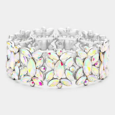 Fashnzfab Marquise Floral Oval Crystal Cluster Stretch Evening Bracelet Ab, Silver In Multi