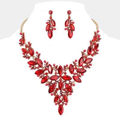 Fashnzfab Marquise Glass Stone Cluster Pearl Embellished Vine Evening Necklace In Red
