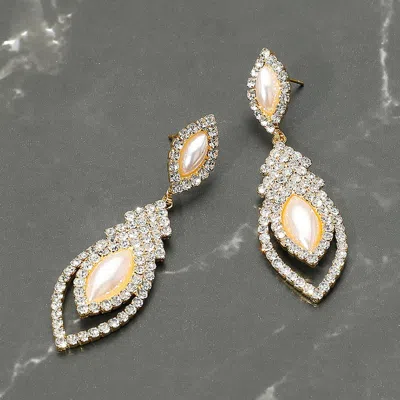Fashnzfab Marquise Pearl Point Rhinestone Paved Dangle Evening Earrings - Clear, Gold