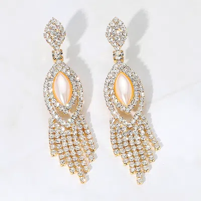Fashnzfab Marquise Pearl Pointed Rhinestone Paved Fringe Dangle Earrings In Gold