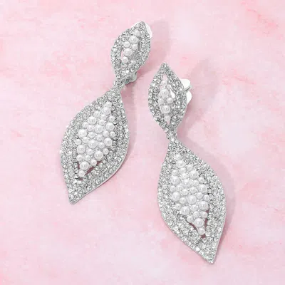 Fashnzfab Marquise Rhinestone Pearl Embellished Clip On Earrings In Silver