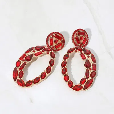 Fashnzfab Marquise Round Rectangular Stone Cluster Evening Earrings - Gold, Red In Multi