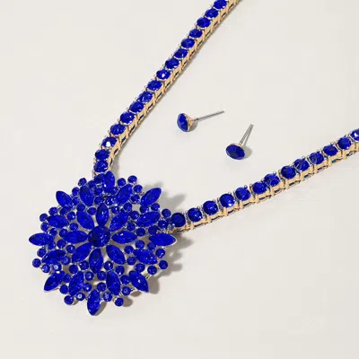 Fashnzfab Marquise Round Stone Embellished Flower Cluster Pendant Bling Studded Chunky Chain Necklace In Blue