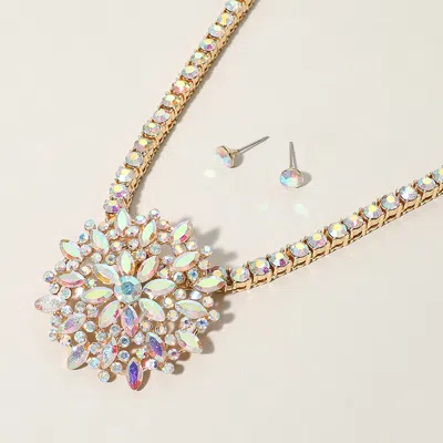 Fashnzfab Marquise Round Stone Embellished Flower Cluster Pendant Bling Studded Chunky Chain Necklace In Gold