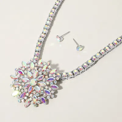 Fashnzfab Marquise Round Stone Embellished Flower Cluster Pendant Bling Studded Chunky Chain Necklace In Multi