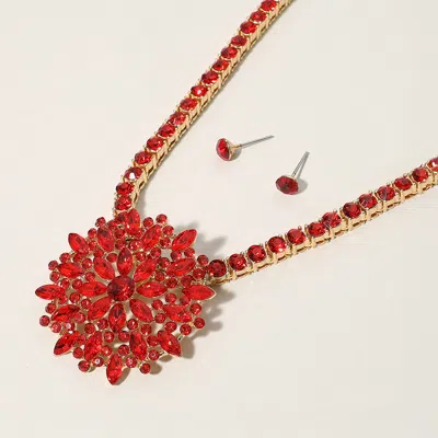 Fashnzfab Marquise Round Stone Embellished Flower Cluster Pendant Bling Studded Chunky Chain Necklace In Red