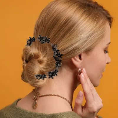 Fashnzfab Marquise Stone Accented Flower Bun Wrap Headpiece In Black