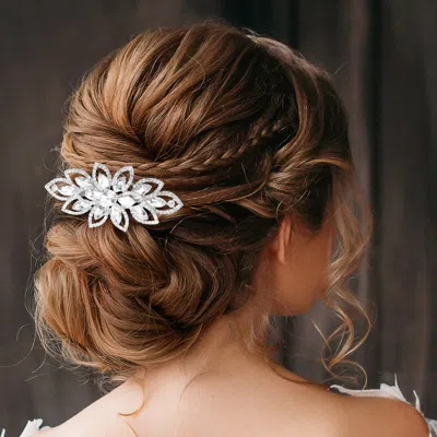 Fashnzfab Marquise Stone Accented Flower Pointed Hair Comb In Metallic
