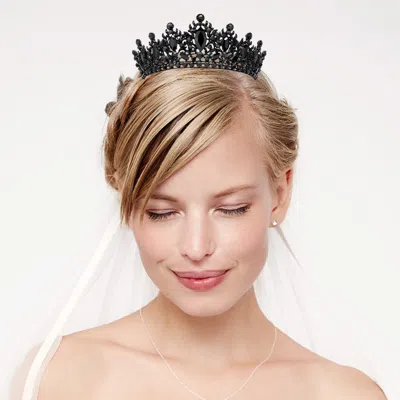 Fashnzfab Marquise Stone Accented Leaf Detail Crown Queen Tiara In Black