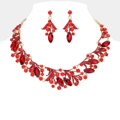 Fashnzfab Marquise Stone Accented Leaf Evening Necklace In Red