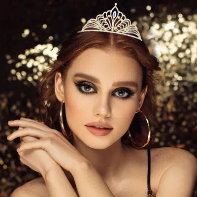 Fashnzfab Marquise Stone Accented Rhinestone Paved Princess Tiara In Gold