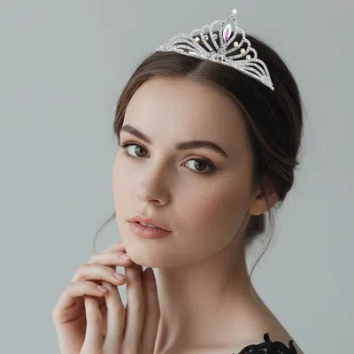 Fashnzfab Marquise Stone Center Rhinestone Pave Princess Tiara In Silver