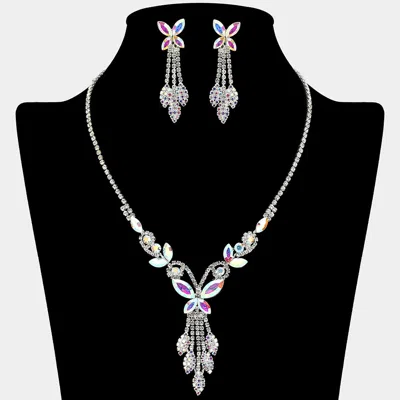 Fashnzfab Marquise Stone Cluster Butterfly Drop Accent Rhinestone Paved Necklace In Silver