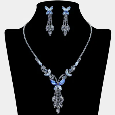 Fashnzfab Marquise Stone Cluster Butterfly Drop Accent Rhinestone Paved Necklace In Blue