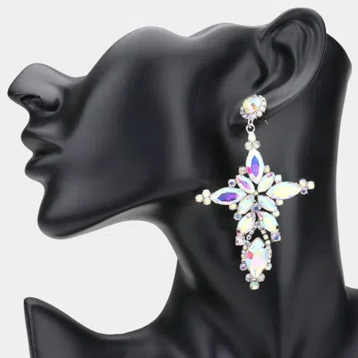 Fashnzfab Marquise Stone Cluster Cross Dangle Evening Earrings - Ab, Silver In Metallic